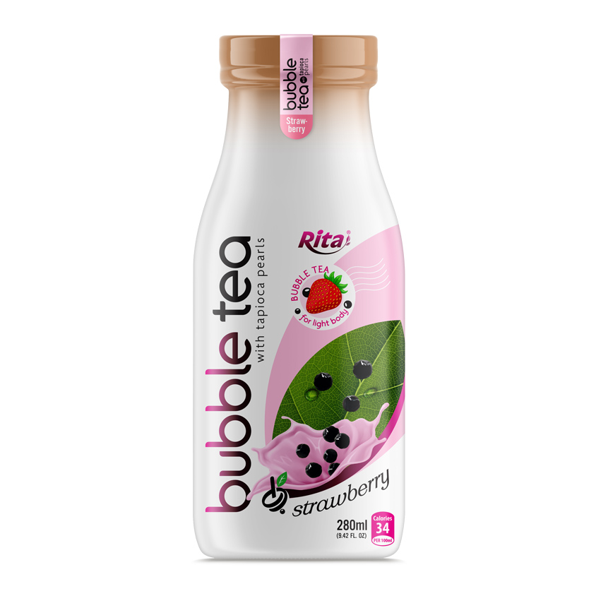 Glass bottle 280ml Bubble Tea with tapioca pearls and strawberry