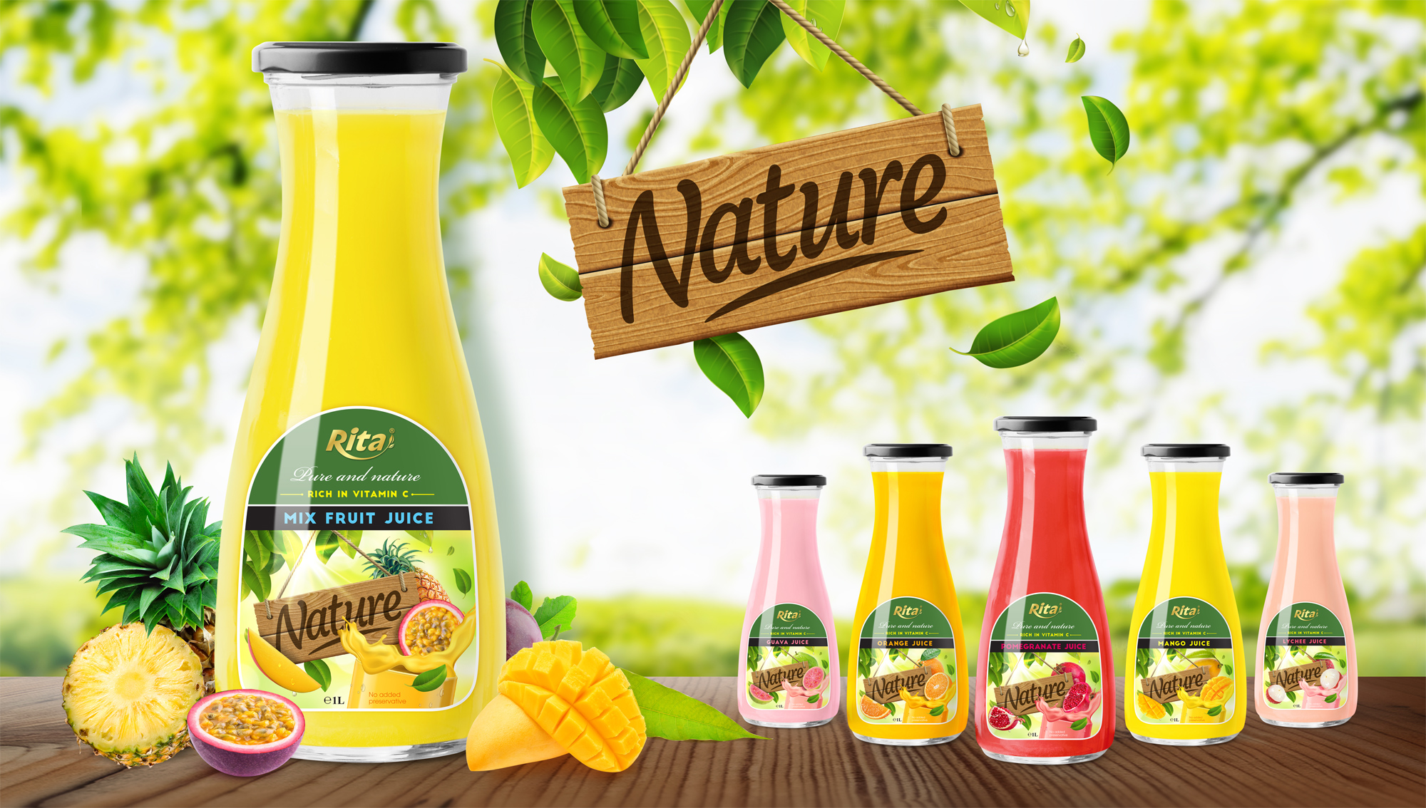 Fruits and their vitamins in Mix Fruit juice 1L Glass bottle