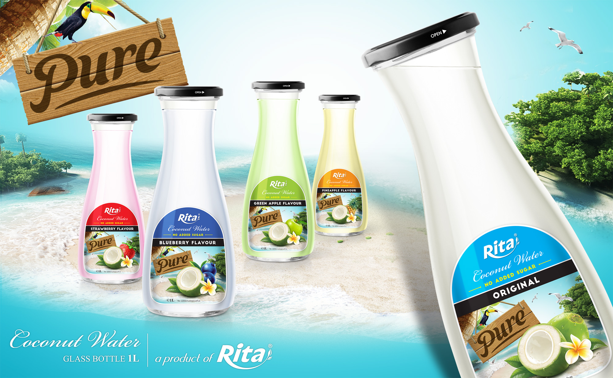 Strawberry Flavour Coconut water 1L Glass bottle from juice