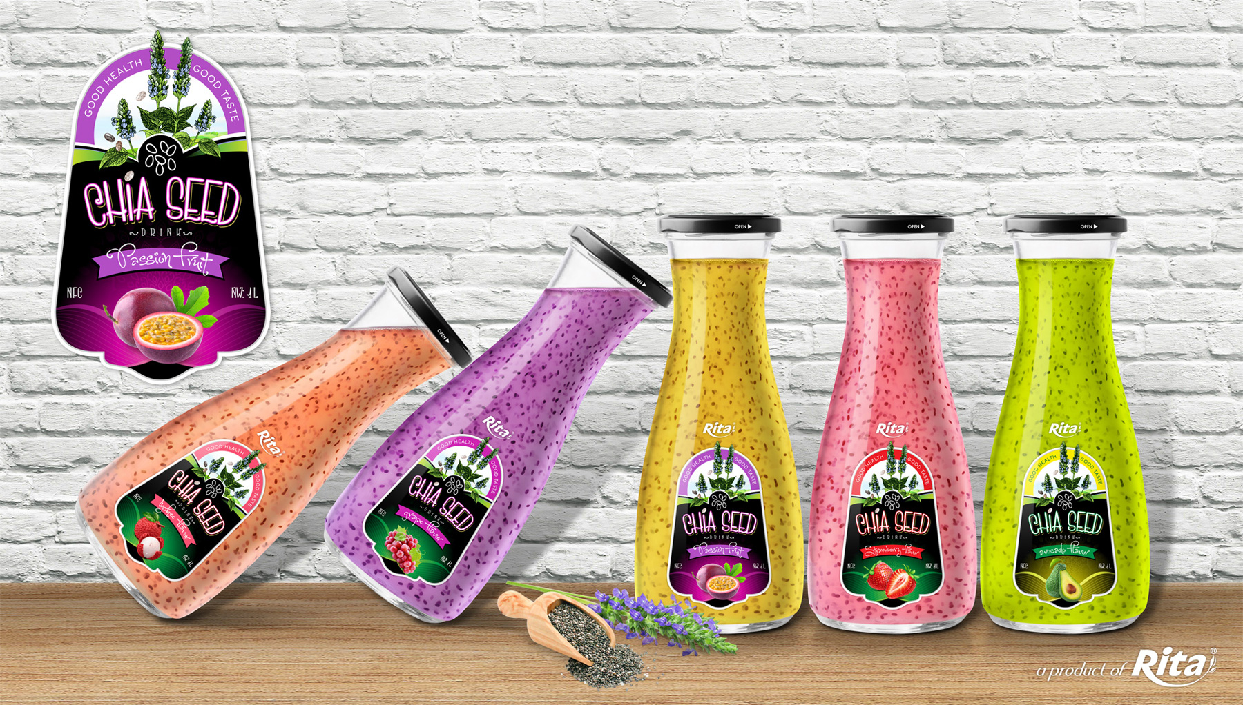 Chia Seed drink with lychee juice 1L in Glass Bottle